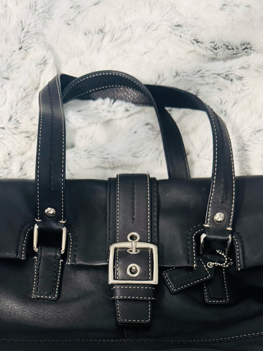 Coach Black Leather Tote Bag with Contrast Stitching